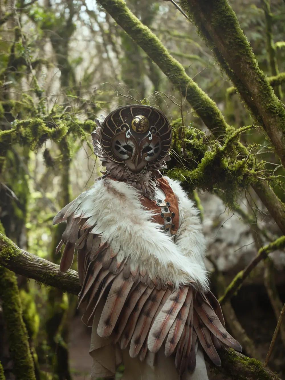 Un druide céleste des Runaînes, masque de chouette et manteau de plumes, dans une forêt de mousse
